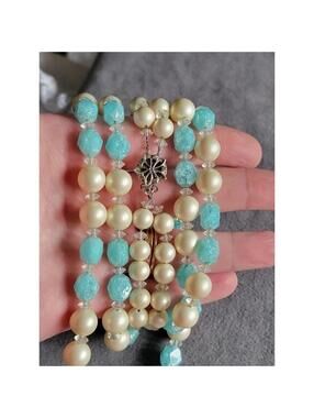 Vintage Double Strand Pearl And Icy Blue Beaded Necklace